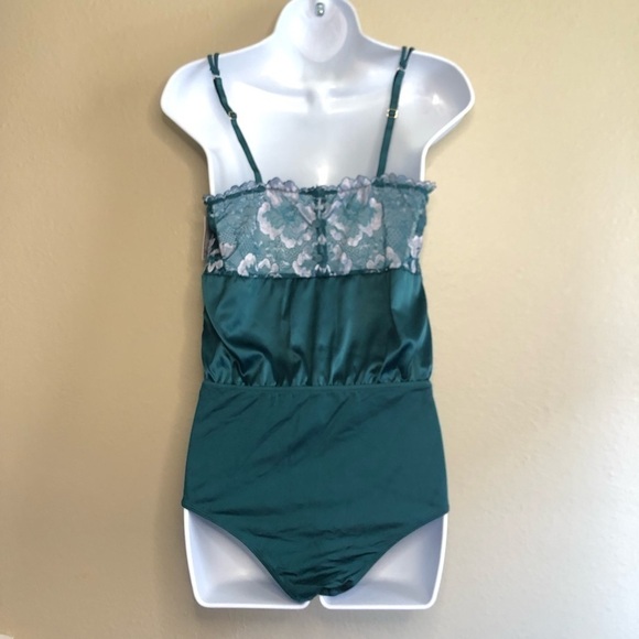 Auden Women's Square Neck Bodysuit Floral Laca Teal Size S - Picture 3 of 16
